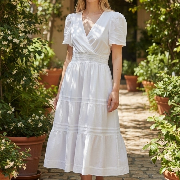 Anthropologie Dresses & Skirts - Anthropologie White Puff‑Sleeve Smocked Waist Tiered Maxi Dress